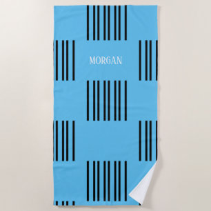A Simple Design of Black Lines on Blue with Name Beach Towel