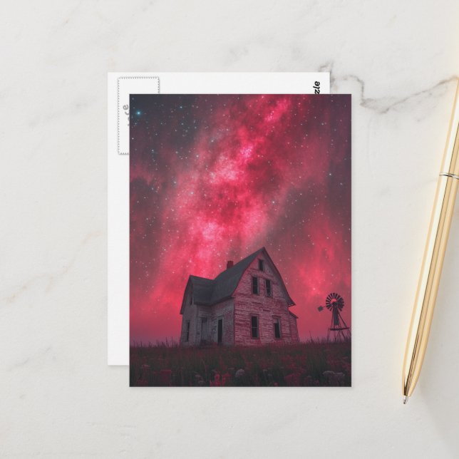 A single abandoned house with the pink night sky postcard (Front/Back In Situ)