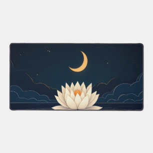 a single lotus flower floating on a dark pond desk mat