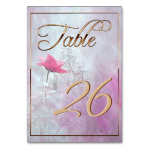 A Single Pink Rose/Gold Trim Table Number