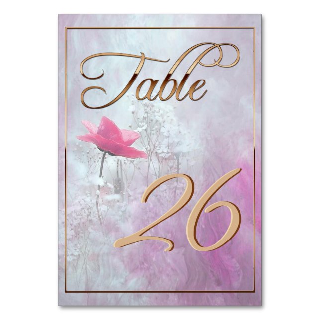 A Single Pink Rose/Gold Trim Table Number (Front)