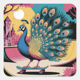 A Skateboarding Peacock Square Sticker