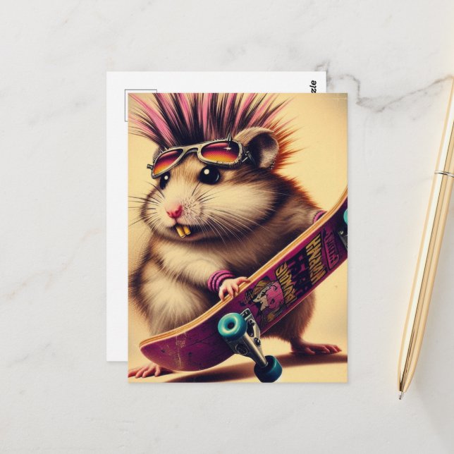 A Skateboarding Punk Hamster Retro  Postcard (Front/Back In Situ)