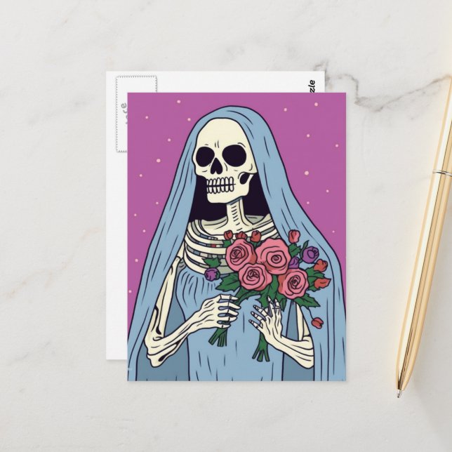 A Skeleton Bride With Flowers Postcard (Front/Back In Situ)