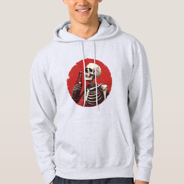 a skeleton drinking out of a beer bottle hoodie (Front)