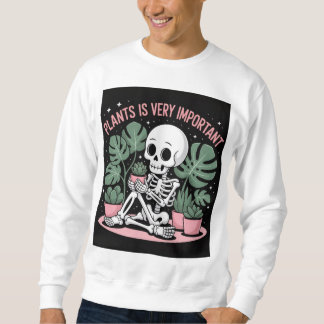 A skeleton sits surrounded by potted plants in sweatshirt