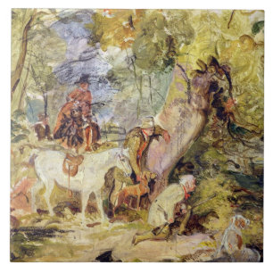 A Sketch for 'Foresters Stalking Deer' (oil over c Tile