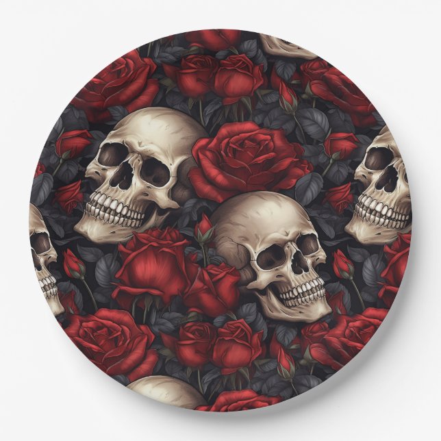 A Skull and Roses Series Design 10 Paper Plate (Front)