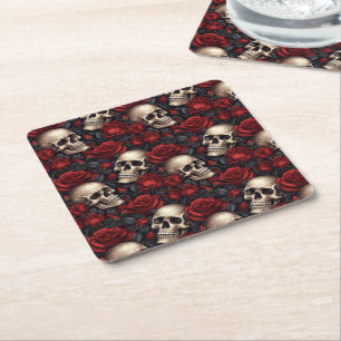 A Skull and Roses Series Design 10 Square Paper Coaster