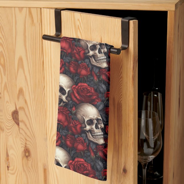 A Skull and Roses Series Design 10 Tea Towel (Thirds Fold)