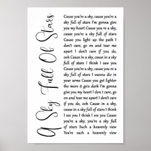 A Sky Full Of Stars White Script Song Lyric Print