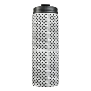 A sleek stainless steel travel mug with a black