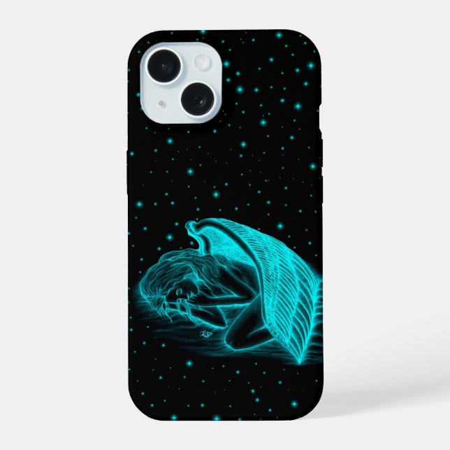 A sleeping Angel in black and green design iPhone 15 Case (Back)