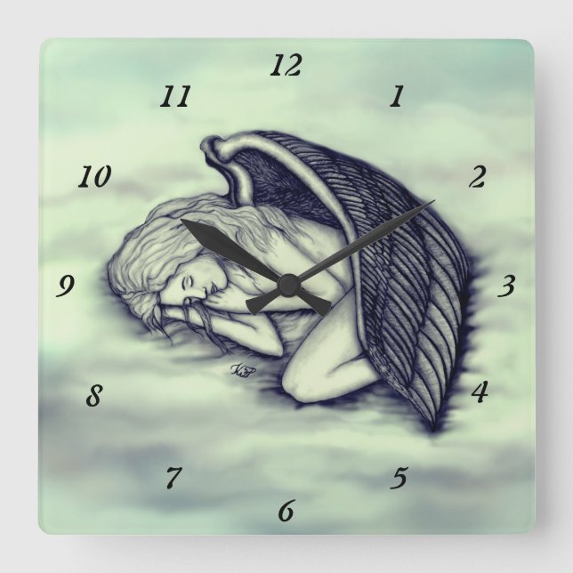 A sleeping Angel on the heavens clouds in green Square Wall Clock (Front)