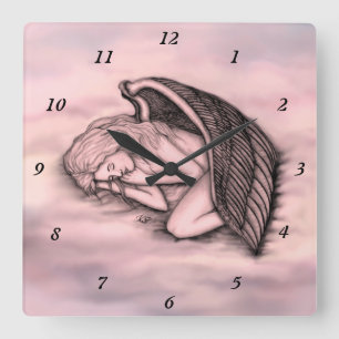 A sleeping Angel on the heavens clouds in rose Square Wall Clock