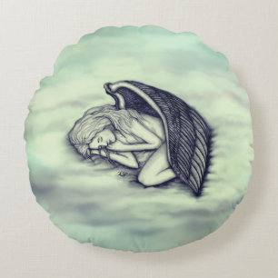 A sleeping Angel on the heavens clouds Round Cushion