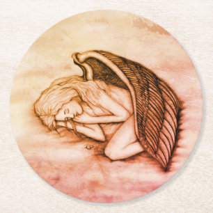 A sleeping Angel on the heavens clouds Round Paper Coaster