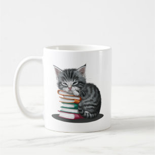 A sleepy kitten cuddled up with a stack of books. coffee mug