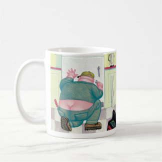 A sloppy workman fixing a kitchen appliance. coffee mug