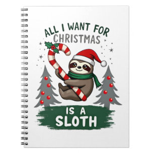 A Sloth For Christmas. Cute, Christmas Sloth With  Notebook
