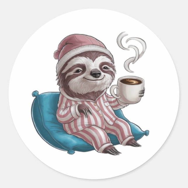 A sloth wearing pyjamas and a sleep cap  classic round sticker (Front)