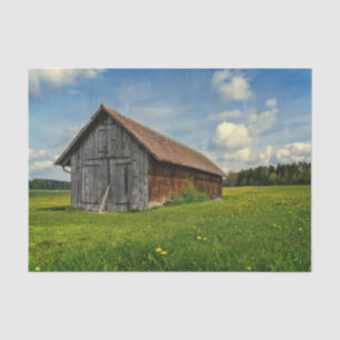 A Small Grey and Brown Barn in a Flower Field Tissue Paper