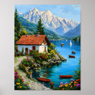 A small house on the background of a mountain lake poster