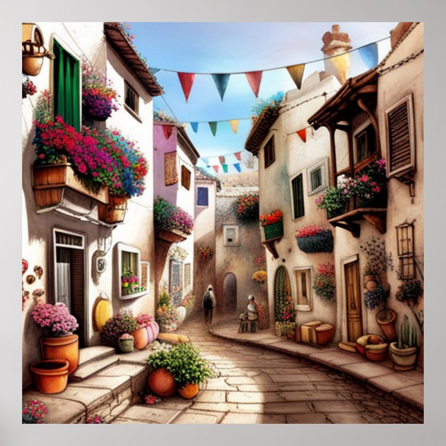 A small tourist town small streets shops flowers 1 poster (Front)