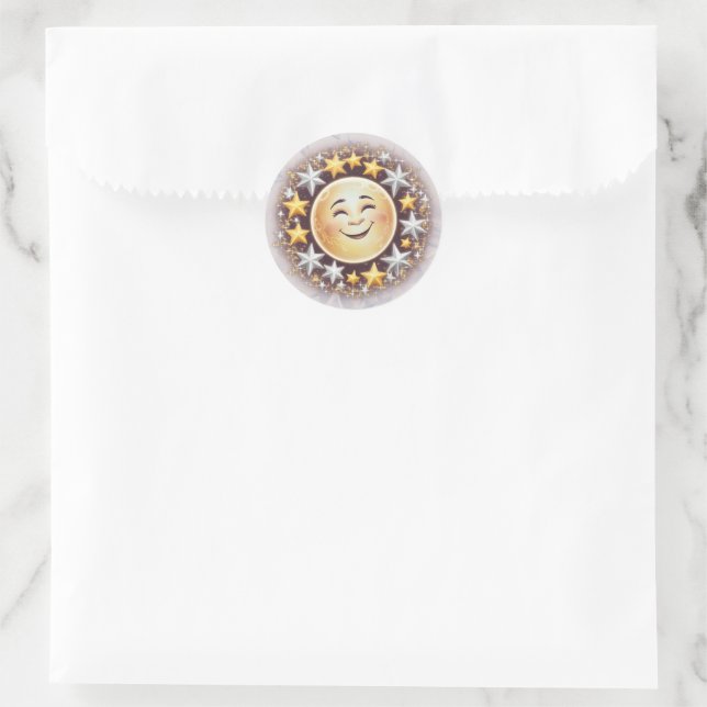 A smiling moon surrounded by stars classic round sticker (Bag)