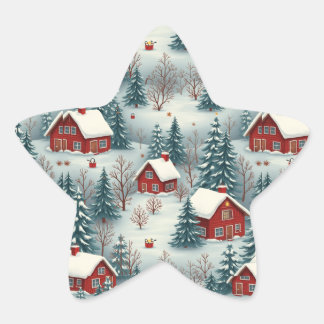 a snow-covered forest village star sticker
