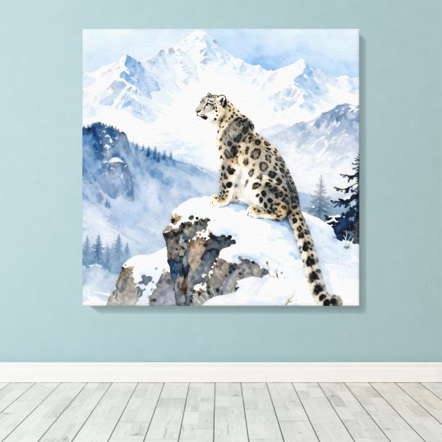 A Snow Leopard on Snowy Peak Canvas Print (Insitu(Wood Floor))