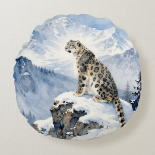 A Snow Leopard on Snowy Peak Round Cushion