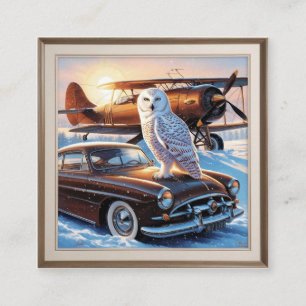 A snow owl, a plane and a vintage car enclosure card