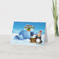 A snowman and a penguin in front of the igloo