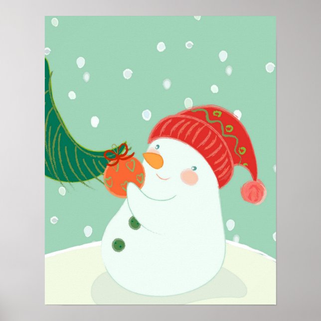 A snowman hanging an ornament on a tree poster (Front)