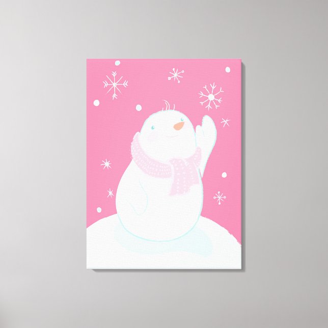 A snowman reaching for a falling snowflake canvas print (Front)