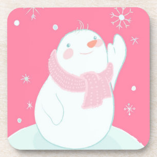 A snowman reaching for a falling snowflake coaster
