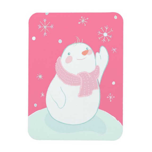A snowman reaching for a falling snowflake magnet (Vertical)