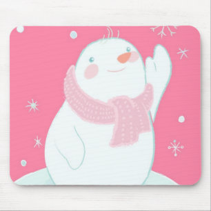 A snowman reaching for a falling snowflake mouse pad