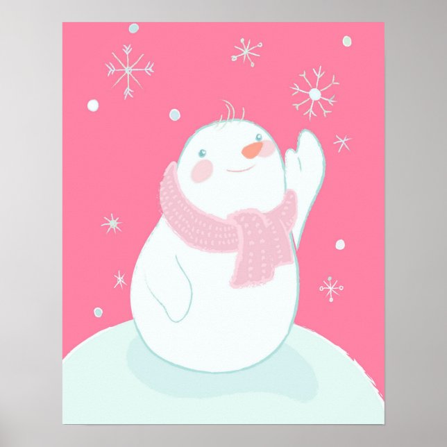 A snowman reaching for a falling snowflake poster (Front)