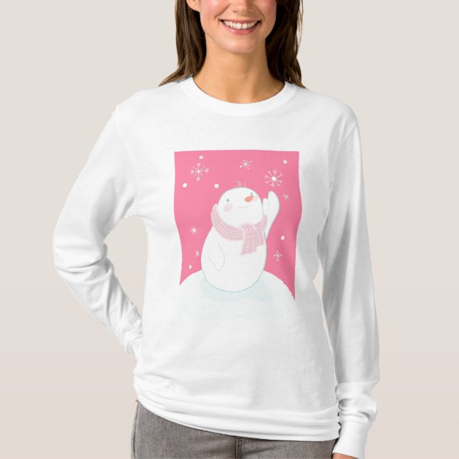 A snowman reaching for a falling snowflake T-Shirt (Front)