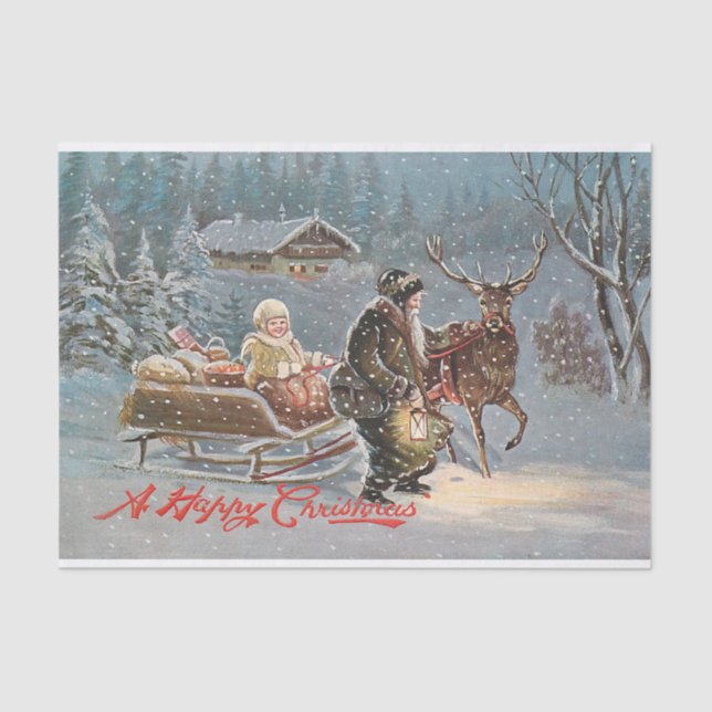 A Snowy Evening with Santa, Child and Reindeer     Tissue Paper (Front)