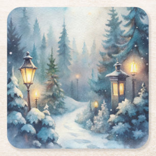 A Snowy Winter Scene Square Paper Coaster