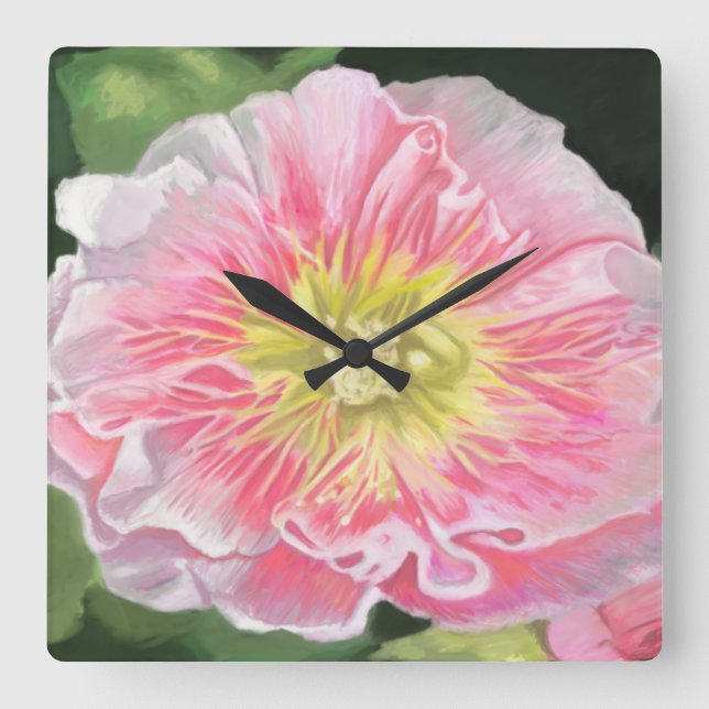 A Soft Pink and Crème Hollyhock_0165 Square Wall Clock (Front)