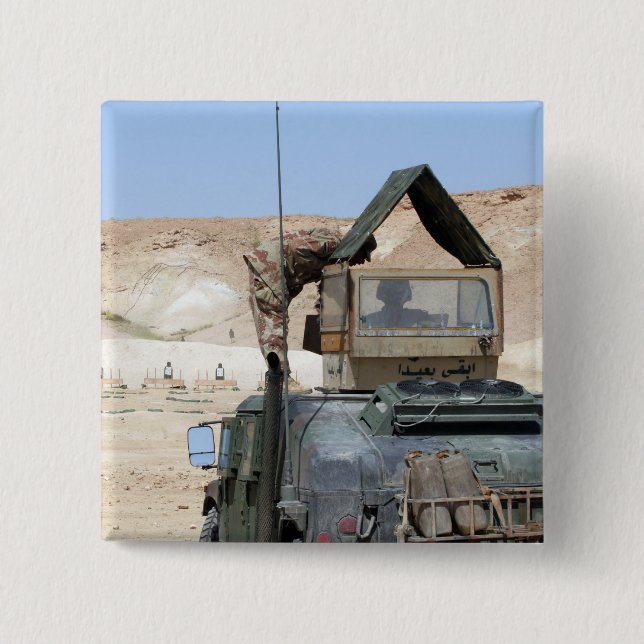 A soldiier instructs an Iraqi army soldier 15 Cm Square Badge (Front)