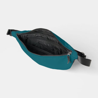 A solid teal colour fills the entire image bum bags
