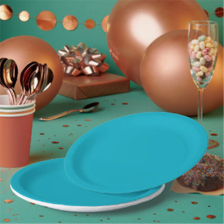 A solid turquoise-blue background with subtle paper plate