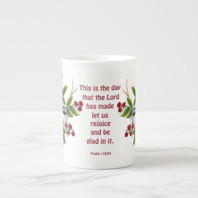 a songbird in a berry bush with scripture bone chi china mug (Front)