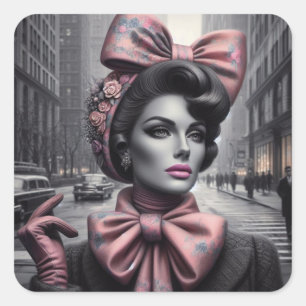 a sophisticated 1950s lady standing gracefully on square sticker