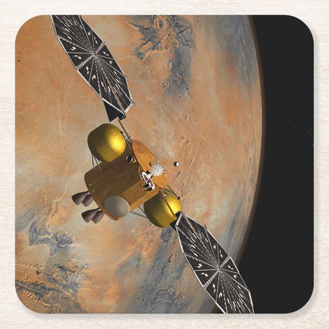 A Spacecraft Orbiting Mars. Square Paper Coaster (Front)